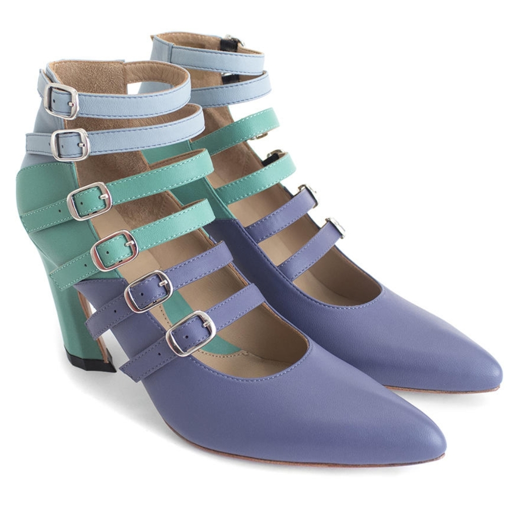 Fluevog Colorblock Multi-Strap Womens Heels, Lavender, Teal, Light Blue - Size 6